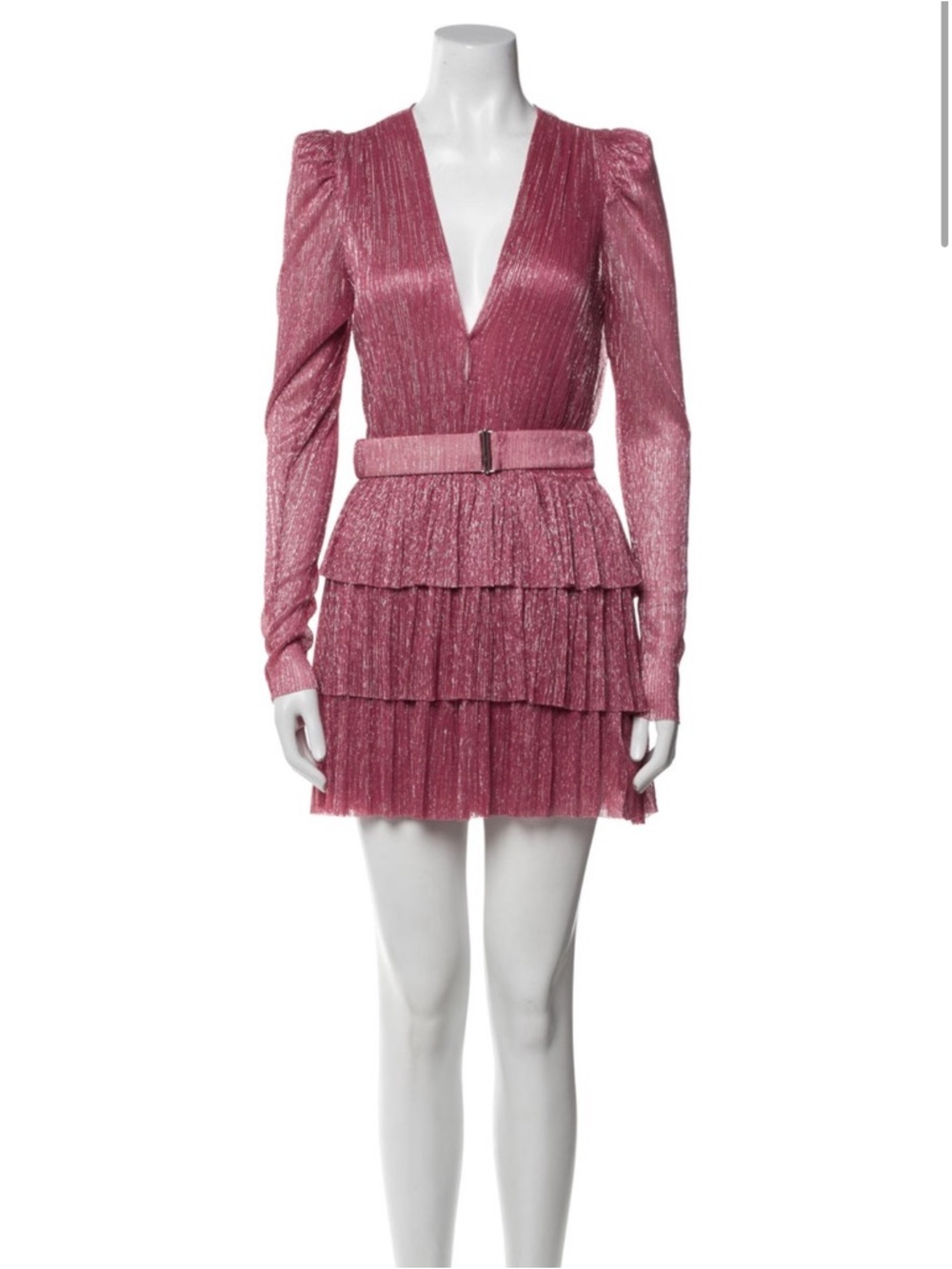 Sabina Musayev Shimmery Pink Tiered V-Neck Mini Dress with Belt